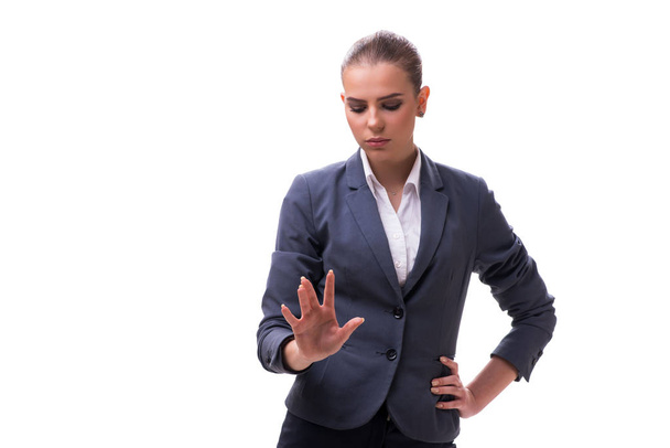 Young businesswoman pressing virtual button on white - Фото, зображення