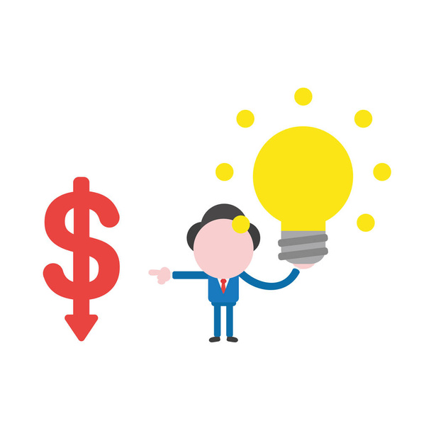 Векторная иллюстрация персонаж бизнесмена, держащий светящуюся желтую лампочку и указывающий на падение красного доллара
. - Вектор,изображение