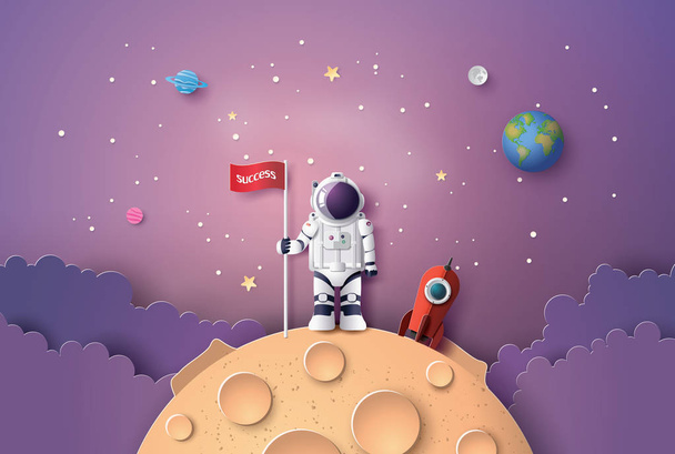 Αστροναύτης με σημαία στη Σελήνη, Paper art και ψηφιακή τέχνη στυλ. - Διάνυσμα, εικόνα