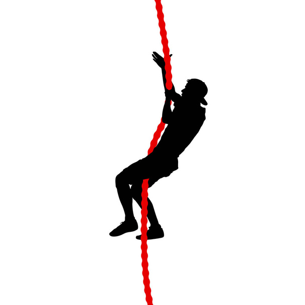 Μαύρη σιλουέτα ορειβάτη ανεβαίνοντας ένα τεντωμένο σχοινί στα χέρια. - Διάνυσμα, εικόνα