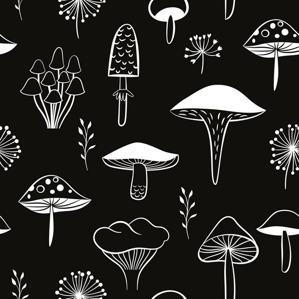 set of white wild mushrooms on black background - ベクター画像