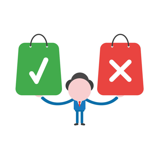 Vektoros illusztráció üzletember karakter gazdaság zöld és piros bevásárló táskák ellenőrzés és x jel szimbólumok. - Vektor, kép