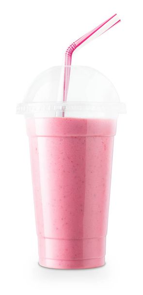 strawberry smoothie in plastic glass - Foto, Imagen