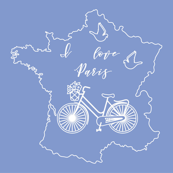 Kaart van Frankrijk, fiets met een mand van bloemen, duiven. Reizen en vrije tijd. - Vector, afbeelding