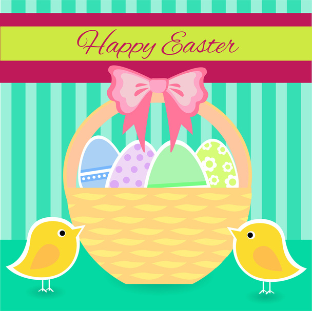 Иллюстрация корзины с красочными украшенными пасхальными яйцами
 - Вектор,изображение