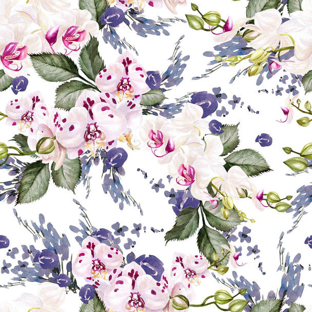 Beautiful watercolor seamless tropical jungle floral pattern background with leaves, flowers and flowers of orchids.  - Valokuva, kuva