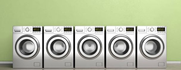 Çamaşırhane. Giysi yıkama, kurutma makineleri ahşap zemin, yeşil duvar arka plan, afiş. 3D çizim - Fotoğraf, Görsel