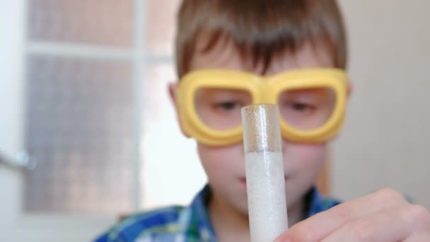 Experiments on chemistry at home. Chemical reaction with the release of gas in the test tube in the boy,s hands. - Filmmaterial, Video
