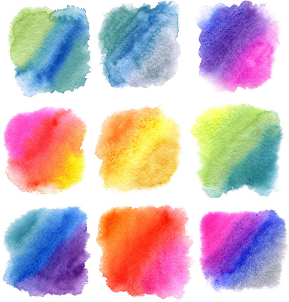 Ensemble de taches Aquarelle colorées sur papier mouillé. Collection d'aquarelle dégradée Taches colorées de forme quadratique
. - Photo, image