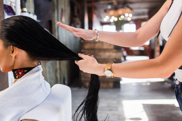 Hair care in modern spa salon. hairdresser woman applies a mask or oil on the hair of the client - Fotó, kép