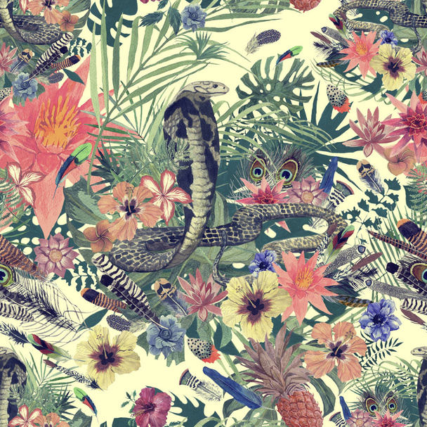 Seamless hand drawn watercolor pattern with cobra, flowers, leaves, feathers. - Photo, Image