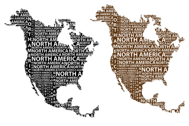 Schets Noord-Amerika brief tekst continent, Noord-Amerika word - in de vorm van het continent, de kaart van het continent Noord-Amerika - bruine en zwarte vectorillustratie - Vector, afbeelding