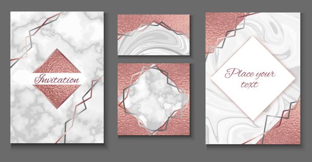 Brochure or vip packaging design set, luxury wrap paper template or background in trendy geometric style, with marble texture, gold rose metal, frame, vector fashion wallpaper, poster, gift box - Vektor, obrázek