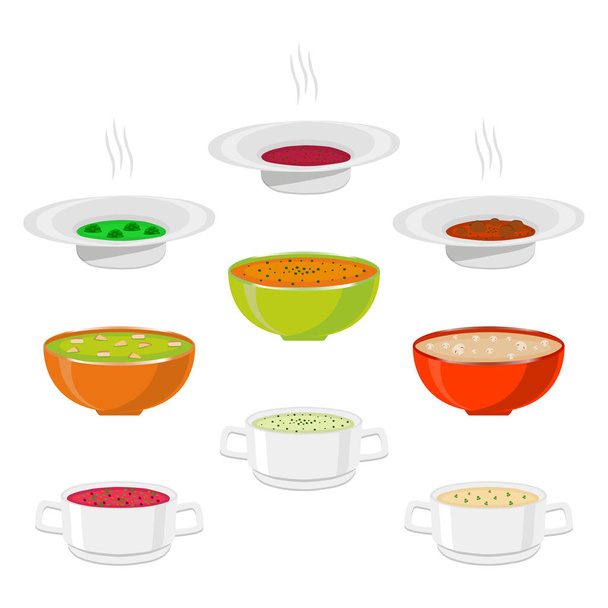 Εικονογράφηση διάνυσμα για ζεστό κεραμικό μπολ, ευρύ πιάτο είναι γεμάτη με διάφορες σπιτικές σούπες με ζωμού και λαχανικά. Σούπα σετ αποτελείται από κύπελλα με συστατικά καρύκευμα. Φάτε Κοτόπουλο σούπα σε μπολ. - Διάνυσμα, εικόνα