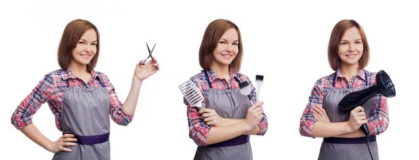 Friseur mit verschiedenen Friseurwerkzeugen auf weißem Hintergrund - Foto, Bild