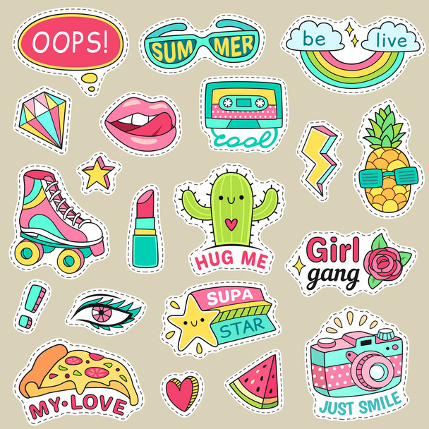 Fun fashion teenage stickers. Cute cartoons patches for teenager. Sticker pack vector illustration set - Vector, Imagen