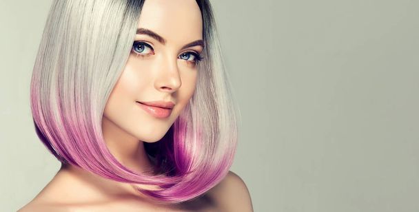 Beautiful hair coloring woman. Fashion Trendy haircut. Ombre bob short hairstyle. Blond model with short shiny hairstyle. Concept Coloring Hair. Beauty Salon - Photo, Image