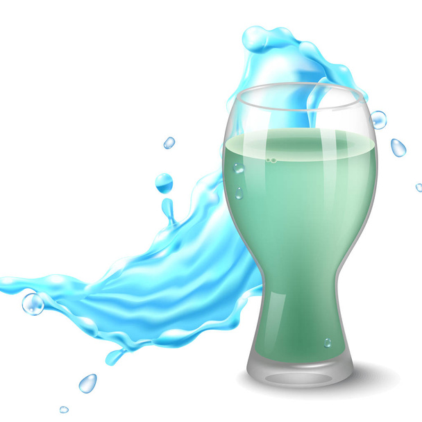 Πιτσιλιές νερού σε μπλε χρώματα γύρω από ένα διαφανές ποτήρι με χυμό. - Διάνυσμα, εικόνα