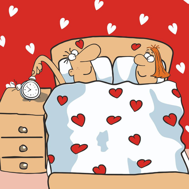 married couple at the bed, humorous illustration, vector icon - Vector, Image
