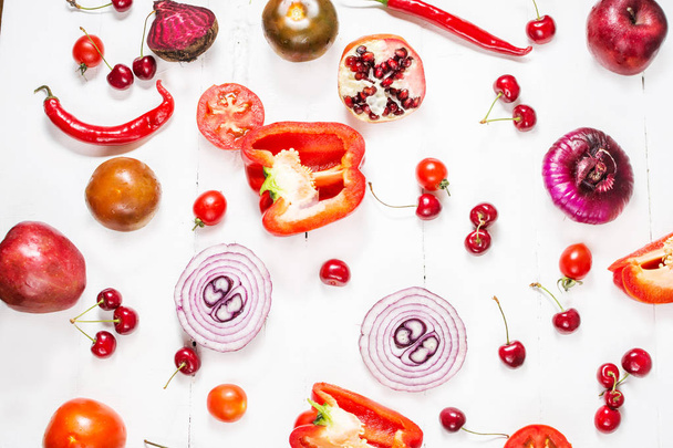 Flat lay fresh vegetables, fruits and berries on white wood background. Top view - Photo, Image