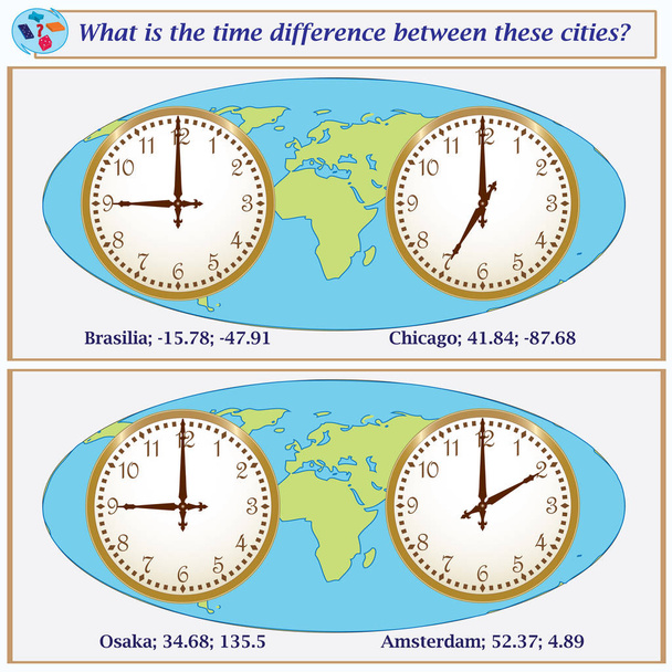 Logical task.What is the time difference between these cities? Vector illustration - Vector, Image