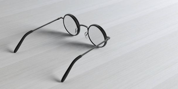 Concepto óptico. Gafas graduadas redondas metálicas negras con lentes graduadas, aisladas sobre fondo de madera, ilustración 3d
 - Foto, Imagen