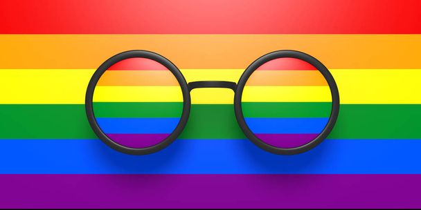 Concepto de orgullo gay. Gafas graduadas redondas negras con lentes graduadas, aisladas sobre un fondo de orgullo gay arco iris, ilustración 3d
. - Foto, imagen