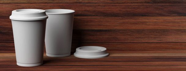Coffee to go Konzept. Kaffeetassen 2, weiß, mit Deckel, isoliert auf Holzgrund, Kopierraum, Banner, 3D-Illustration. - Foto, Bild