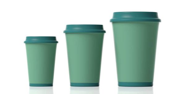 Koffie te gaan van concept. Koffie kopjes groene, 3, diverse maten geïsoleerd op een witte achtergrond, 3d illustratie. - Foto, afbeelding