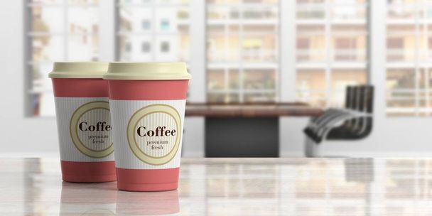 Coffee to go concept. Coffee cups orange, 2, with a lid on a wooden desk in a blurry office background, copy space, 3d illustration. - Photo, Image