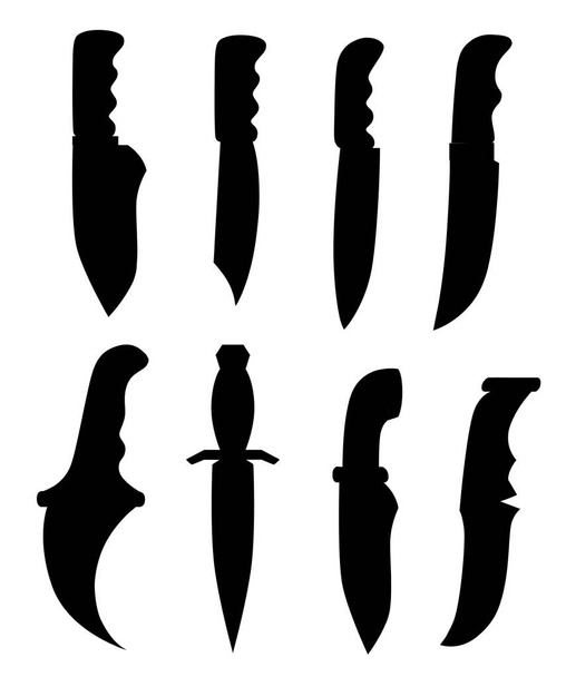 Black silhouette. Collection of daggers. Tactical and home knives. Stainless steel and wooden handle. Vector illustration isolated on white background. - Vektori, kuva