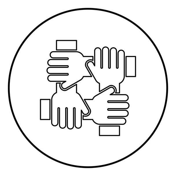 Cuatro manos que sostienen juntos el concepto de trabajo en equipo icono de color negro en círculo contorno redondo
 - Vector, imagen