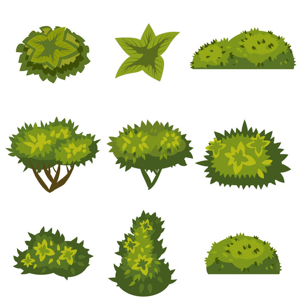 Conjunto de arbustos em estilo cartoon para decoração em suas obras, grama em estilo cartoon, plantas verdes, vetor
 - Vetor, Imagem