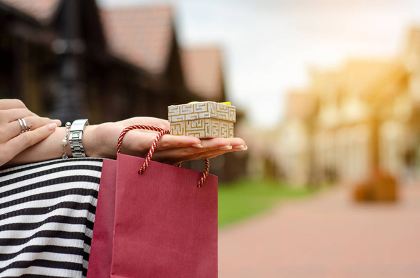 A woman is holding a gift package bag in hand shopping jewerly box ring - 写真・画像