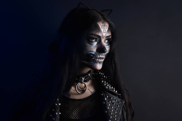 Makeup for Halloween. The mask of Santa Muerte, Mexican folklor - Photo, Image