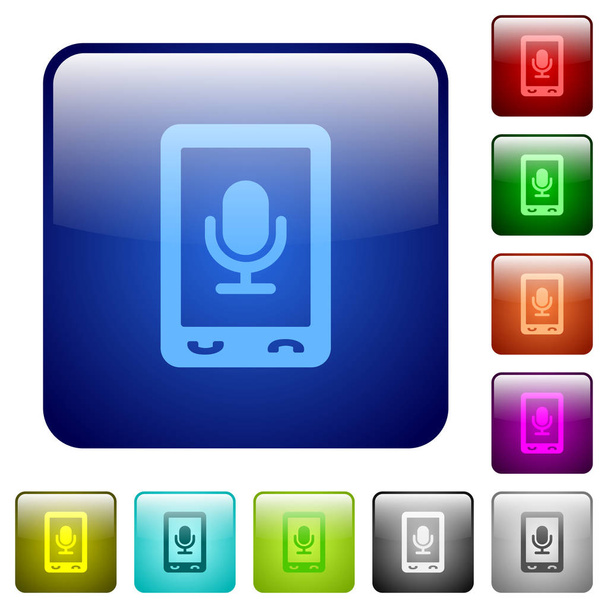 Mobiele opname pictogrammen in glanzende knop set met afgeronde vierkant kleuren - Vector, afbeelding