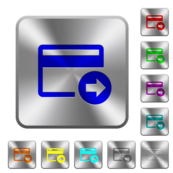 Posílat peníze kreditní kartou vyryto ikony na zaoblené ocelové čtvercové lesklá tlačítka - Vektor, obrázek