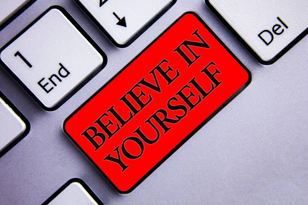 Word writing text Believe In Yourself. Business concept for Determination Positivity Courage Trust Faith Belief Display several silvery arrow key focused red button with black letters - Photo, Image