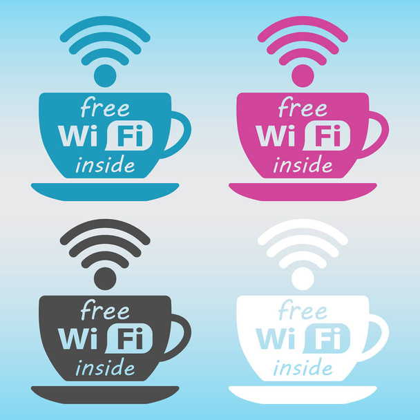 ilmainen wi fi merkki tarra, ilmainen wifi kahvikuppi, ilmainen wi-fi etiketti kuvake
 - Vektori, kuva