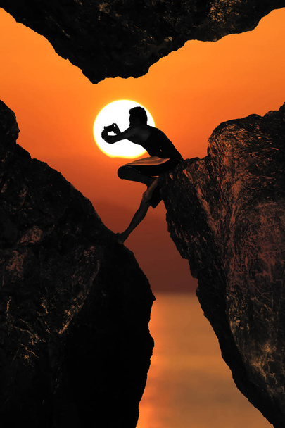Escalade, Homme prendre des photos par téléphone sur le rocher, ciel rouge coucher de soleil fond
 - Photo, image