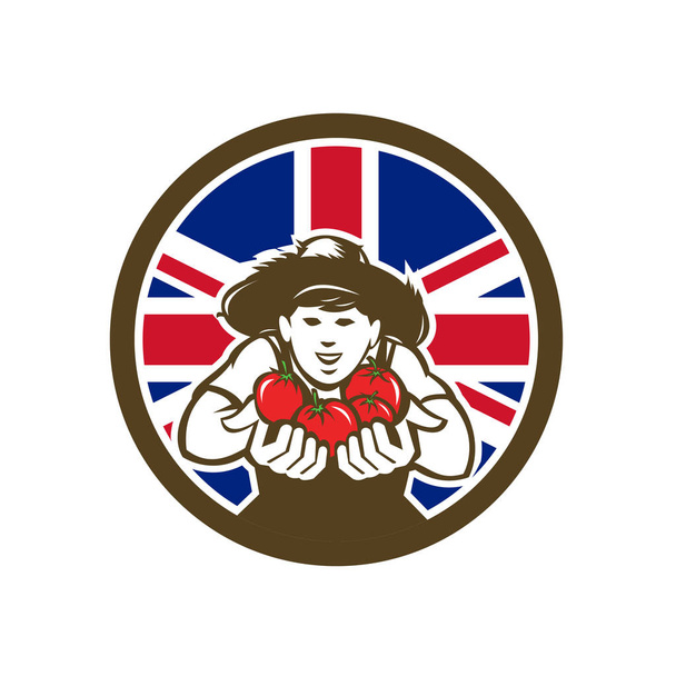 Bir İngiliz organik yetiştirilen ürün domates çiftçi ile Birleşik Krallık İngiltere, Büyük Britanya'nın Birliği Jack bayrak izole arka plan üzerinde daire içinde Ayarla simgesini retro tarzı gösteren resim. - Vektör, Görsel