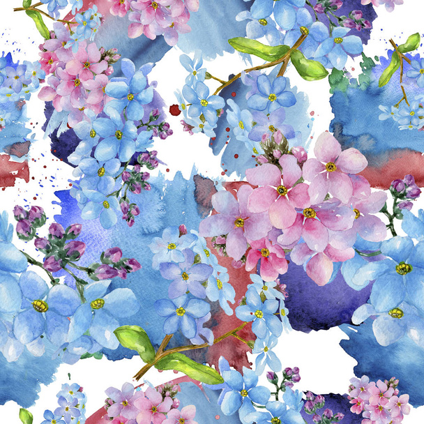 Színes myosotis. Virágos botanikai virág. Varratmentes háttérben minta. Szövet nyomtatási textúrát. A háttér textúra, burkoló minta, keret vagy határ Aquarelle vadvirág. - Fotó, kép