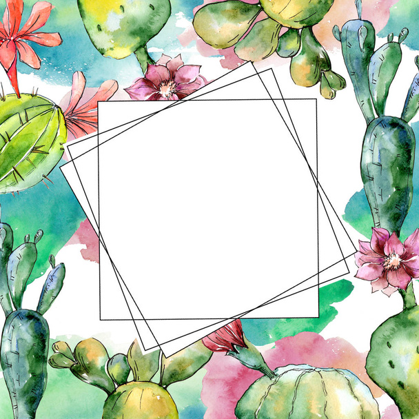 Groene tropische cactus. Floral botanische bloem. Frame grens ornament vierkant. Aquarelle wildflower voor achtergrond, textuur, wrapper patroon, frame of rand. - Foto, afbeelding