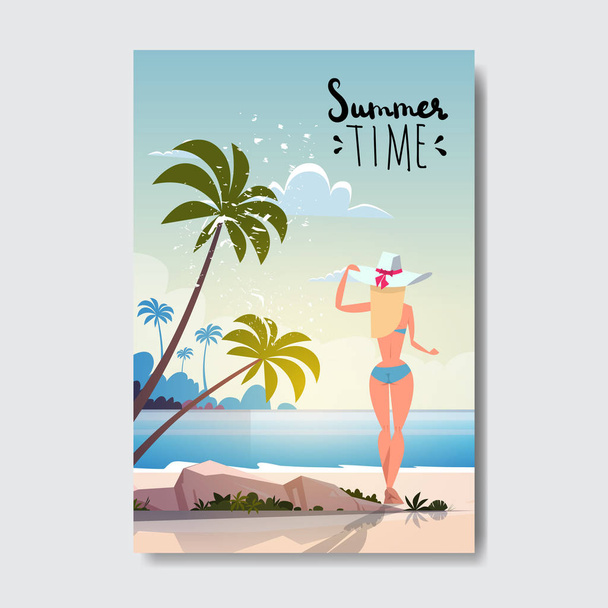 sexy woman relax sunny beach booty bare summer vacation rear view ass bikini badge Design Label. Season Holidays lettering for logo,Templates, invitation, greeting card, prints and posters. - Vetor, Imagem