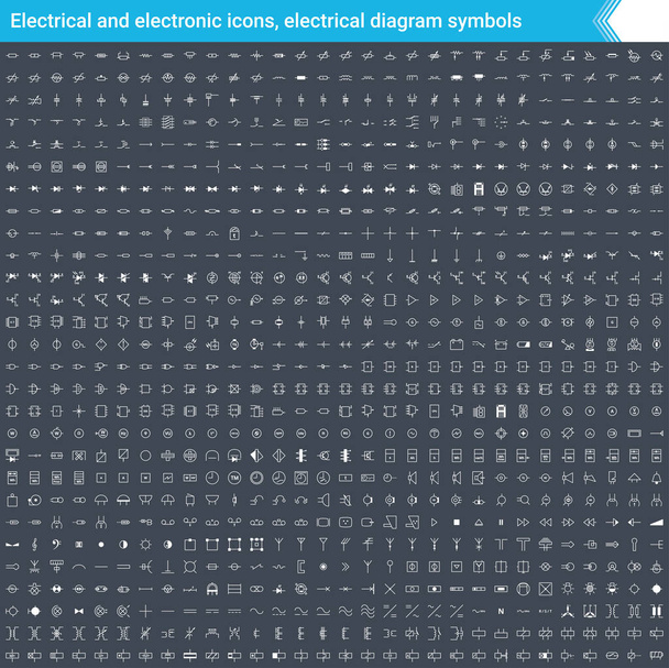 電気・電子のアイコンは、電気回路図記号。回路図の要素。暗い背景に分離されたベクトル アイコンをストークします。. - ベクター画像