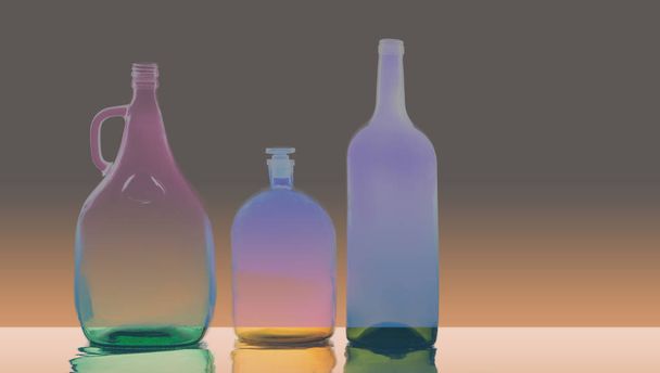 背景テクスチャ、パターン。空のボトル。ガラスを含む家庭用品のリサイクル, - 写真・画像