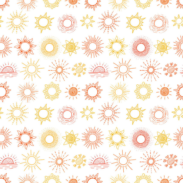 Vzor bezešvé s žlutými a oranžovými doodle slunce na bílém pozadí. Lze použít pro tapety, textilní, výplně vzorkem, webové stránky pozadí, textury povrchů - Vektor, obrázek