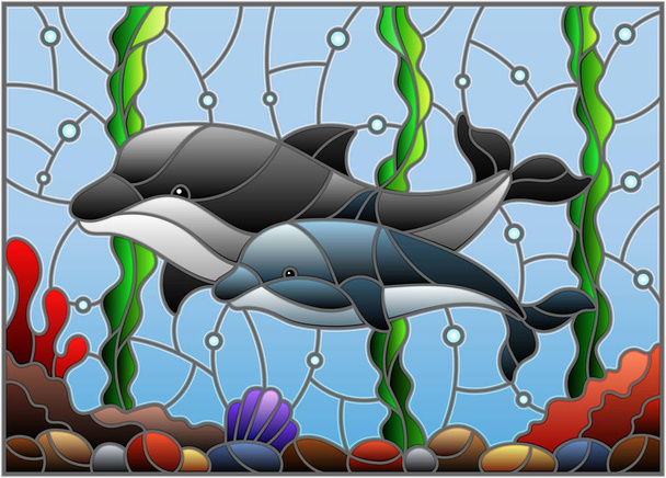 Ilustración en estilo vitral con un par de delfines sobre el fondo del agua y el fondo del mar
 - Vector, Imagen