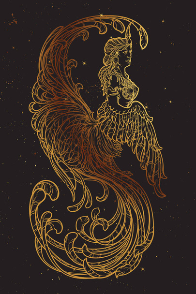Gamayun - demi-femme mi-oiseau créature prophétique dans les mythes russes et contes de fées. Dessin linéaire complexe isolé sur fond noir avec des étoiles dorées. Conception de tatouage
. - Vecteur, image