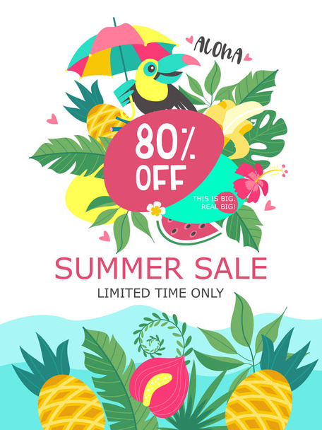 Summer sale. Bright colorful advertising poster. Cheerful Toucan with colorful umbrella, tropical leaves and fruit. 80 percent discount on everything. Illustration in cartoon style. - Wektor, obraz